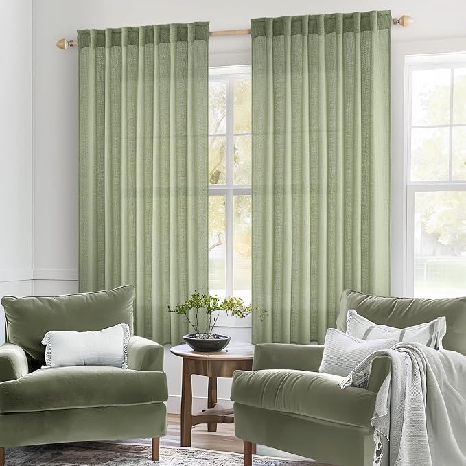 MIULEE Sage Green Linen Curtains 63 Inch Length 2 Panels - Image 2