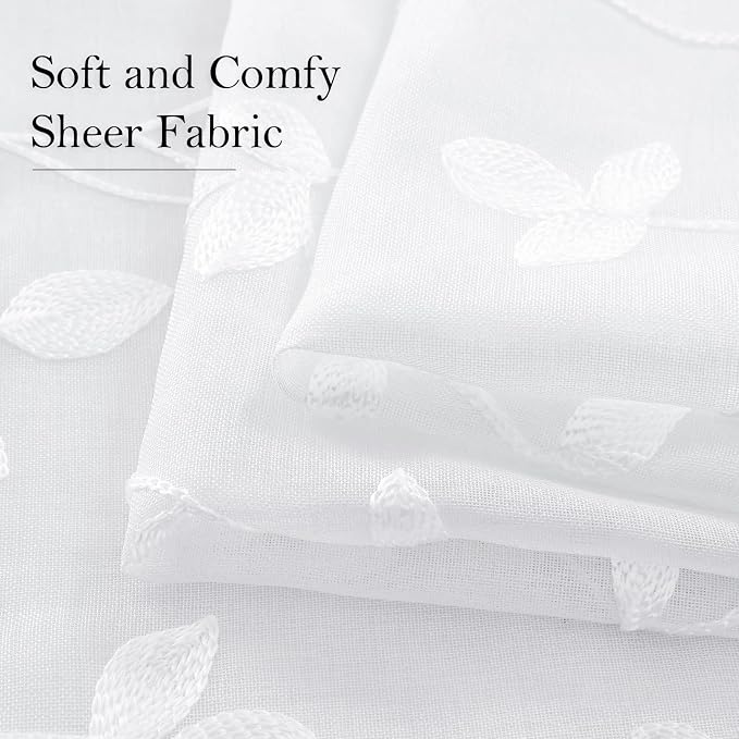 HOMEIDEAS White Sheer Curtains 52 X 63 Inches Length 2 Panels Embroidered Vine - Image 4
