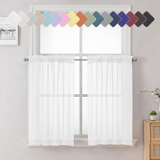 Lecloud White Sheer Curtains 36 Inch Length 2 Panels Set, Airy Breathable Voile by Lecloud
