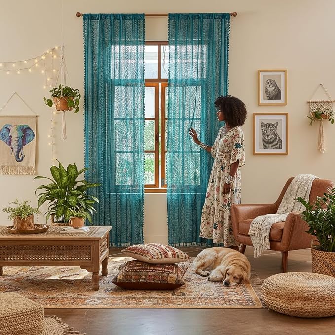 WAZZIO Boho Lace Curtains 84 Inches 2 Panel, Light Filtering Privacy Tassel & - Image 3