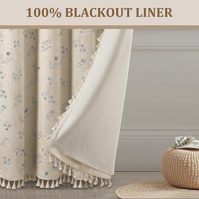 Boho Floral Spring 100% Blackout Curtains 84 Inch Length 2 Panels Set, Linen - Image 6