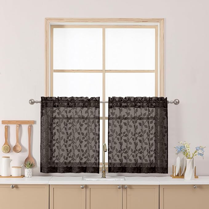 Chyhomenyc Chocolate Sheer Curtains 24 Inch Length, Light Filtering Leaf Tufted by Chyhomenyc