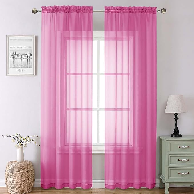 Lecloud Hot Pink Sheer Curtains 90 Inches Long 2 Panels, Solid Voile Privacy by Lecloud