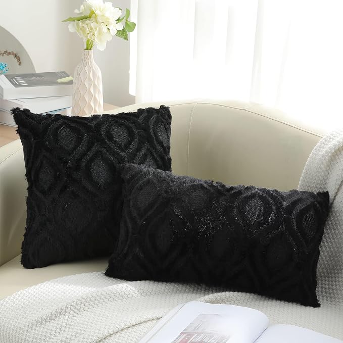 decorUhome Throw Pillow Covers 24x24 Inch Set of 2, Soft Plush Faux Wool Black - Image 6