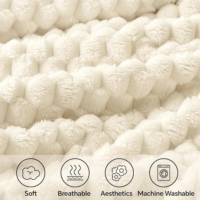 BEDELITE Fleece Blanket Twin for Bed Couch, 3D Jacquard Decorative Cream Throw - Image 3