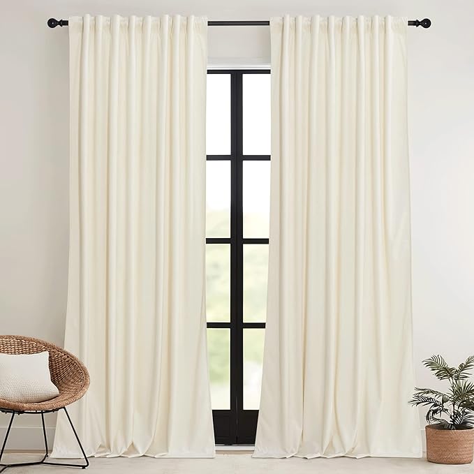 RYB HOME Cream Velvet Curtains 96 inch, Light Dimming White Window Curtains - Image 2
