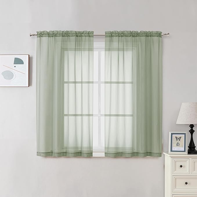 OVZME 2 Panels Sheer Sage Green Curtains 54 Inches Length Window Treatment by OVZME