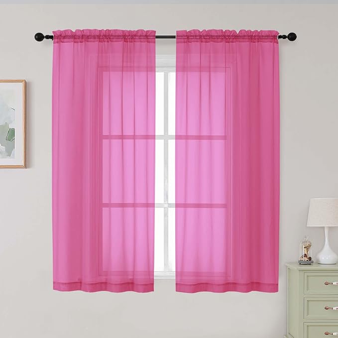 Hot Pink Sheer Curtains for Bedroom Living Room 54 Inch Length 2 Panels Set by WelvetBLK