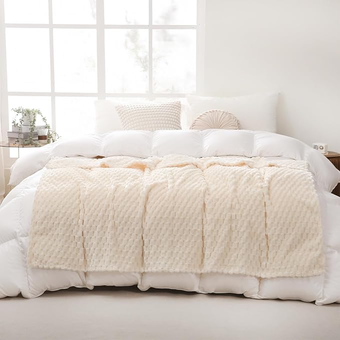 Cream White Throw Blanket 50"×60" inches Fuzzy 3D Jacquard Decorative Flannel - Image 3