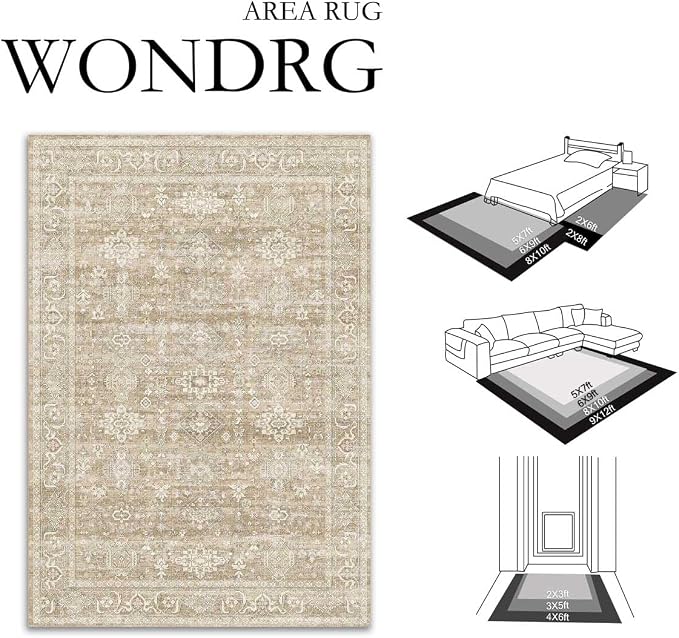 9x12 Washable Area Rug for Living Room Bedroom Vintage Beige Non Slip Carpet - Image 2