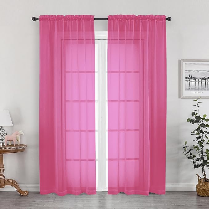 OWENIE Hot Pink Sheer Curtains 84 Inches Long by OWENIE