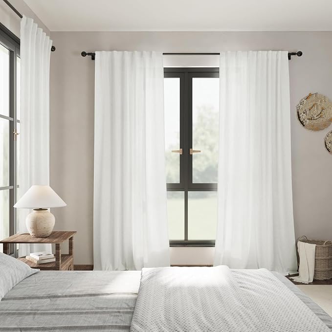 Off White Linen Sheer Curtains 102 Inches 2 Panels Set Back Tab Rod Pocket - Image 7