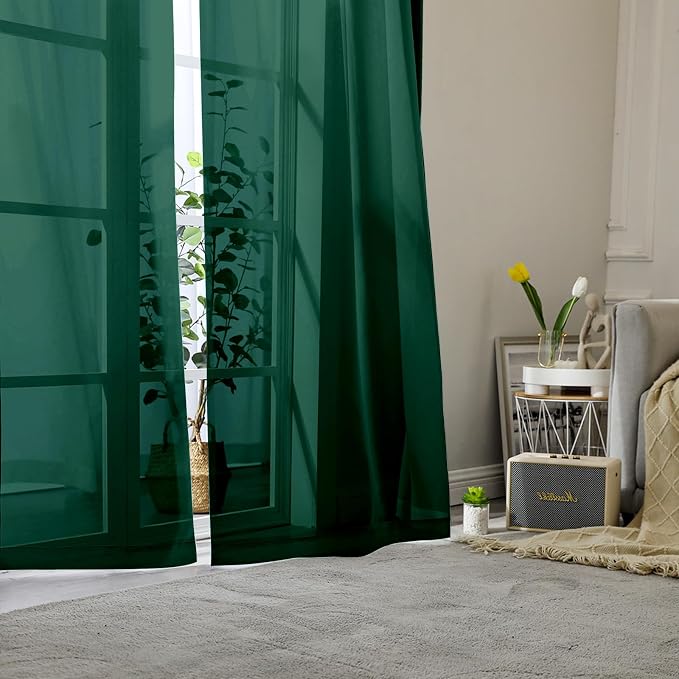 Lecloud Hunter Green Sheer Curtains 90 Inches Long 2 Panels, Airy Voile Solid - Image 2