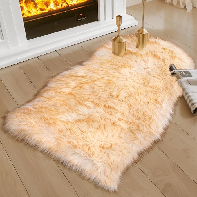 Ciicool Faux Sheepskin Rugs Soft Faux Fur Rug White Gradient Brown Fluffy Chair by CIICOOLHomeDeco