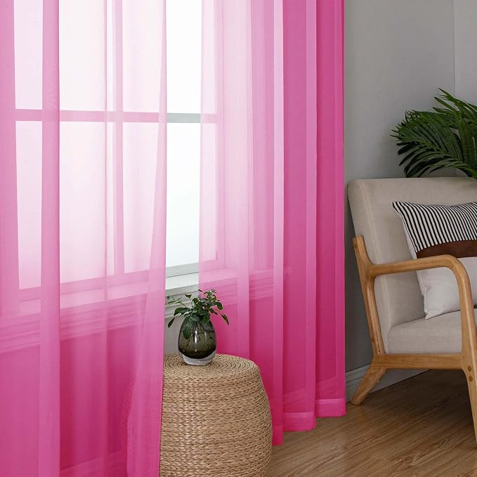 Lecloud Hot Pink Sheer Curtains 96 Inches Long 2 Panels, Rod Pockets Solid - Image 2