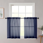 Navy Blue Kitchen Curtains 30 Inch Length Tier 2 PCS, Solid Soft Airy Half by WelvetBLK