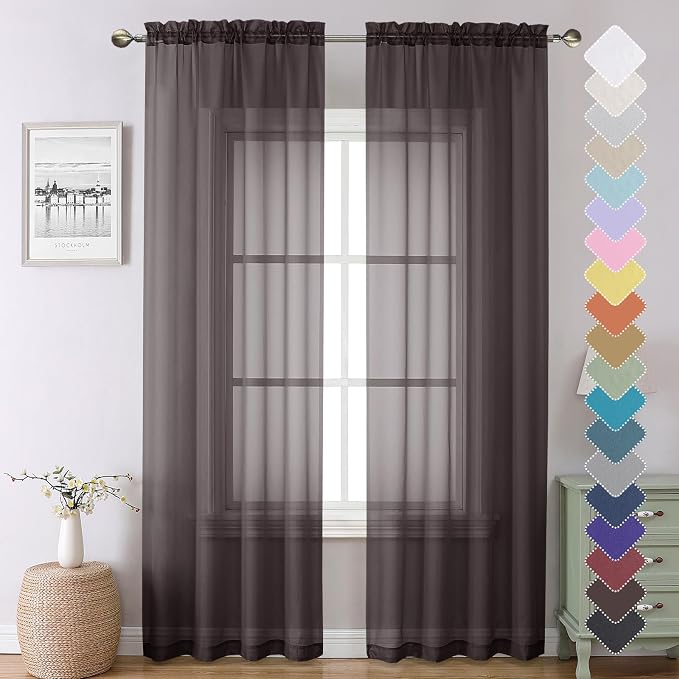 Lecloud Sheer Curtains 90 Inch Long 2 Panels, Chocolate Light Filtering Living by Lecloud