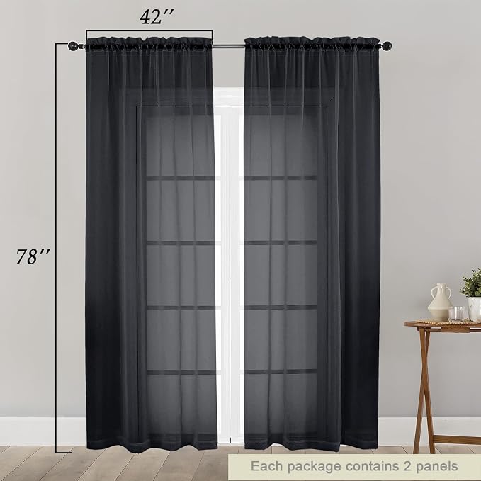 Black Sheer Curtain for Bedroom Living Room 78 Inches Long 2 Panels Set - Image 2