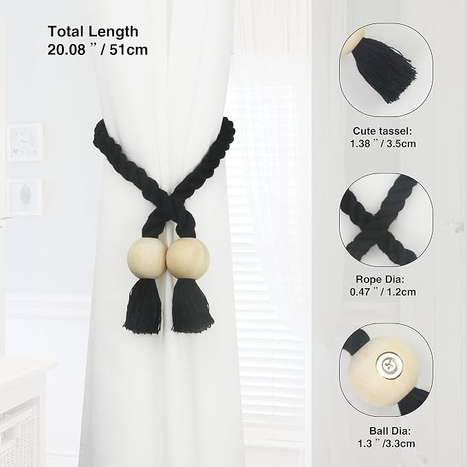 4 Pack Magnetic Curtain Tiebacks Cotton Hand Woven Tie Back Decorative Rope - Image 3