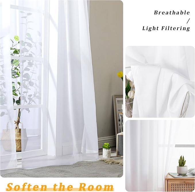 Gwine White Sheer Curtains 120 Inches Long 2 Panels Set, Extra Long Sheer White - Image 3