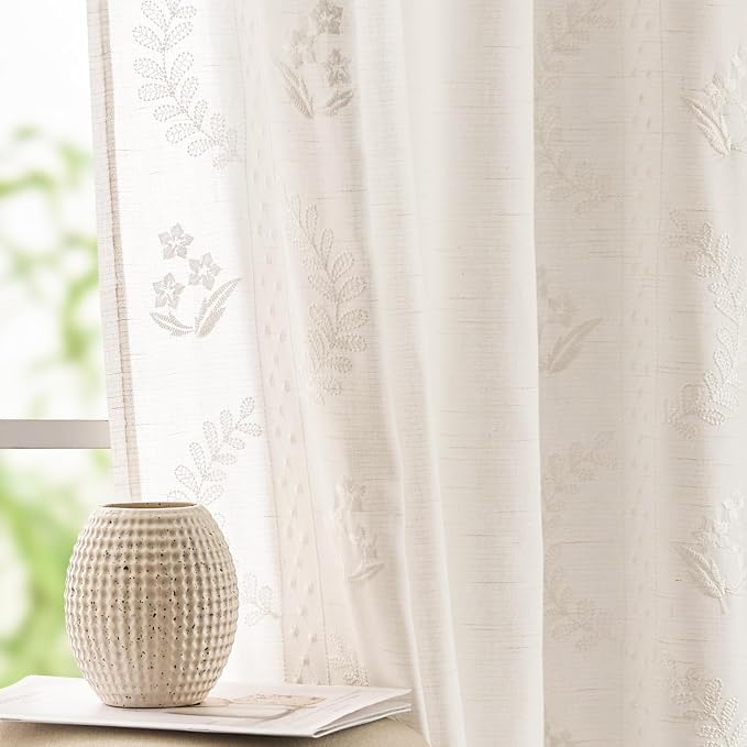 jinchan Belrose Linen Curtains for Bedroom Floral Curtains 96 Inch Length Linen by JINCHAN