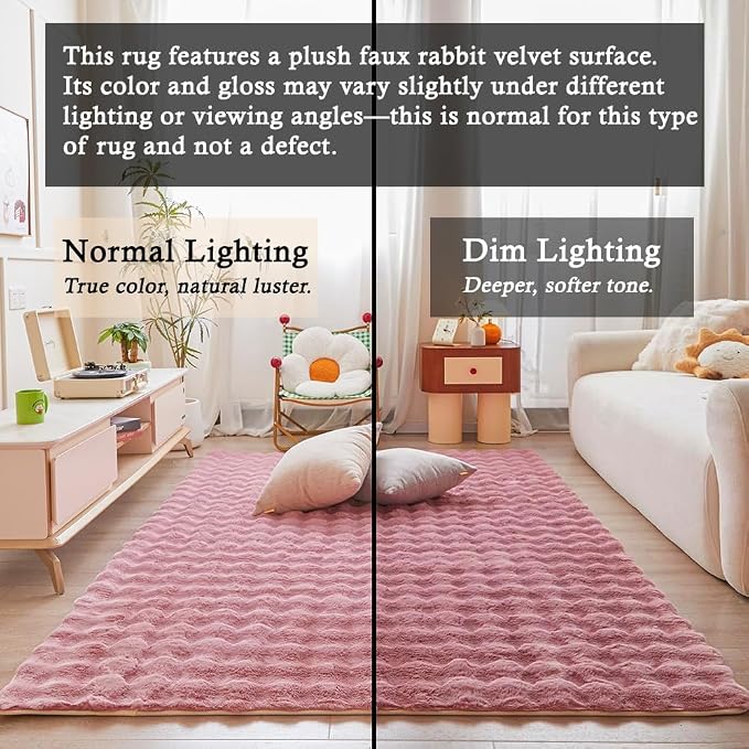 Pink Rabbit Plush Rug 5'x8', Fluffy Faux Fur Shaggy Area Rug - Image 3