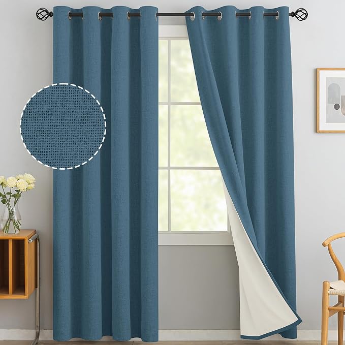 Yakamok Dusty Blue Linen Curtains 100% Blackout 90 Inches Long, Room Darkening by Yakamok