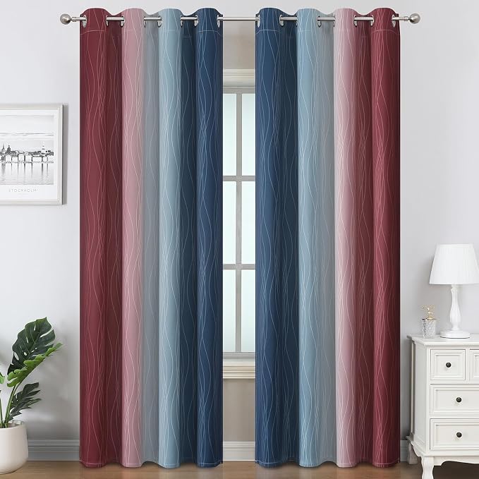 Estelar Textiler Navy Blue and Burgundy Red Ombre Blackout Curtains 90 Inch - Image 2