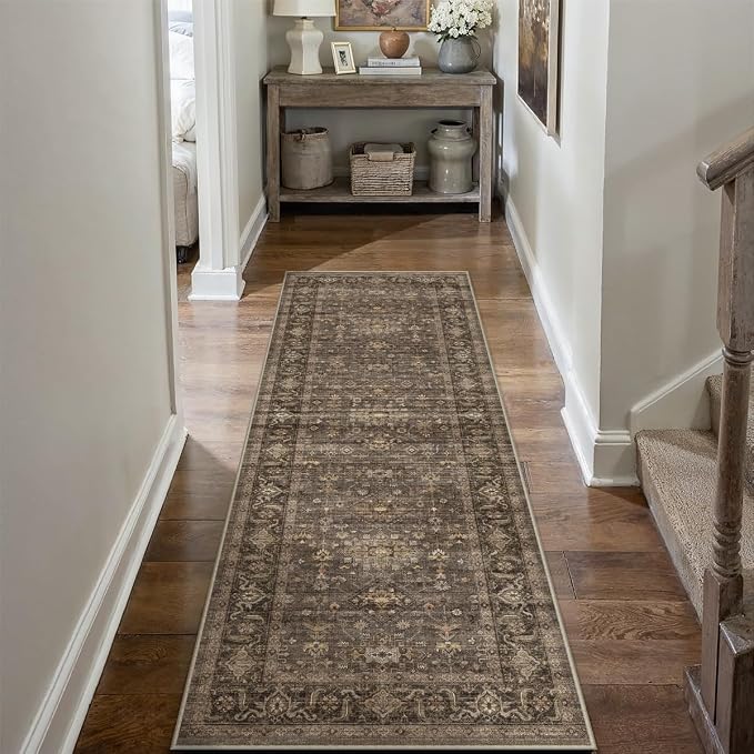 2x7 Washable Runner Rug for Hallway Kitchen Vintage Brown Non Slip Low Pile - Image 3