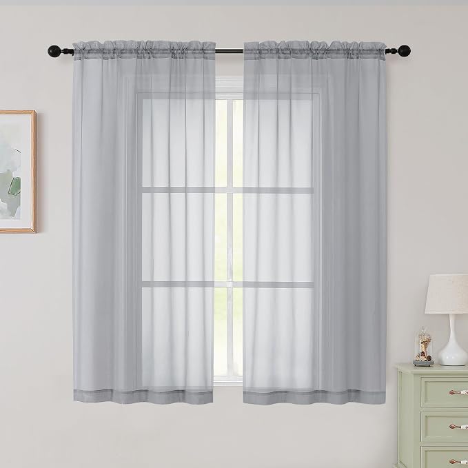 Sheer Light Grey Curtains for Bedroom Living Room 54 Inch Length 2 Panels Set by WelvetBLK
