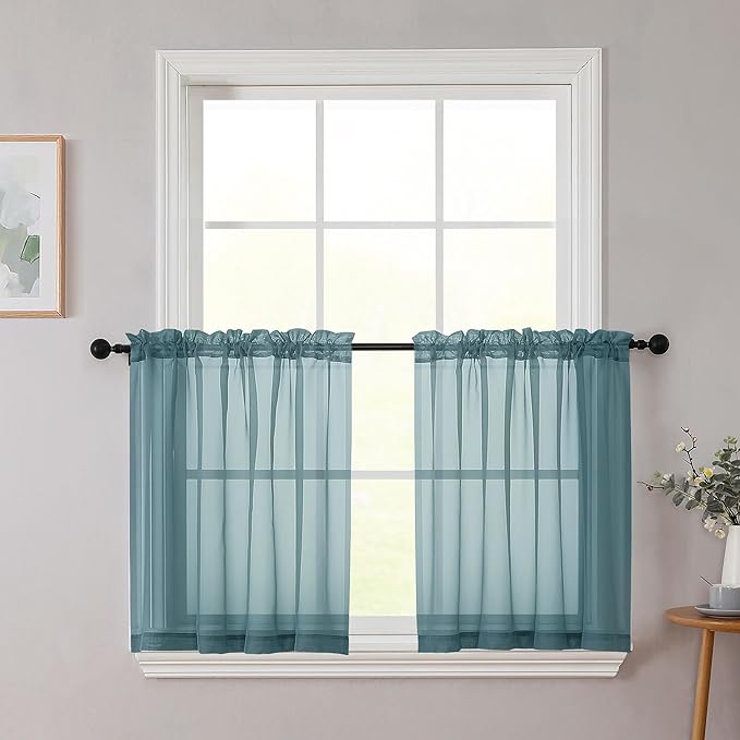 Kitchen Curtains 24 Inch Length Tier 2 Pieces, Dusty Blue Sheer Curtain Solid by WelvetBLK
