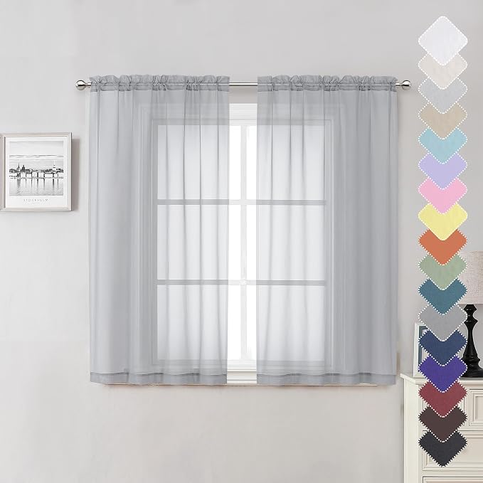 Lecloud Light Grey Sheer Curtains 54 Inch Length 2 Panels, Airy & Breathable by Lecloud