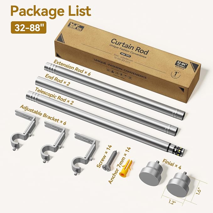 YaFex Curtain Rods 2 Pack 32-84 Inch, Heavy Duty 1 Inch Curtain Rod, Modern - Image 8
