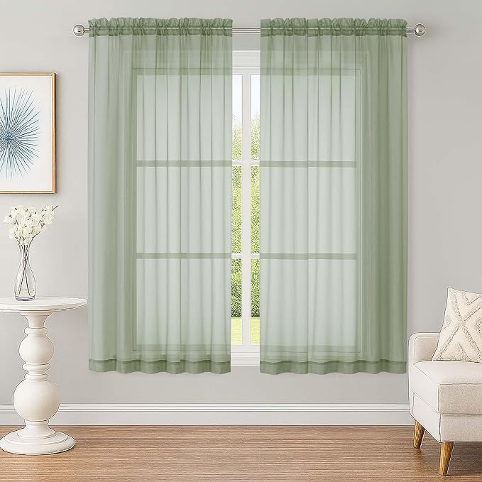OWENIE Sheer Sage Green Curtains, Sheer Curtains 63 inch Length 2 Panels Set by OWENIE