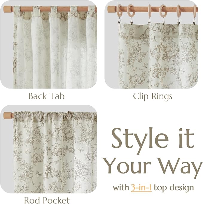 jinchan Linen Floral Curtains for Living Room 96 Inch Length Taupe Printed - Image 4