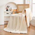 Cream White Throw Blanket 50"×60" inches Fuzzy 3D Jacquard Decorative Flannel by Puncuntex