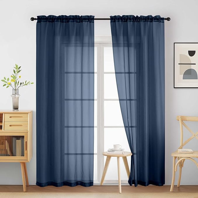 Navy Blue Sheer Curtains 90 Inches Long 2 Panels, Light Filtering Solid Sheer by Home