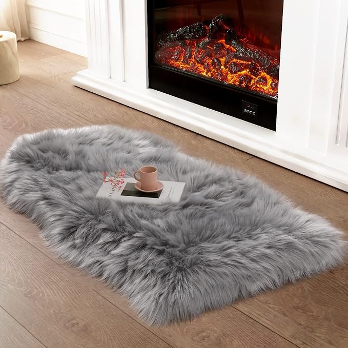 Ciicool Faux Sheepskin Rugs Soft Faux Fur Rug Grey Fluffy Chair Couch Cover - Image 2