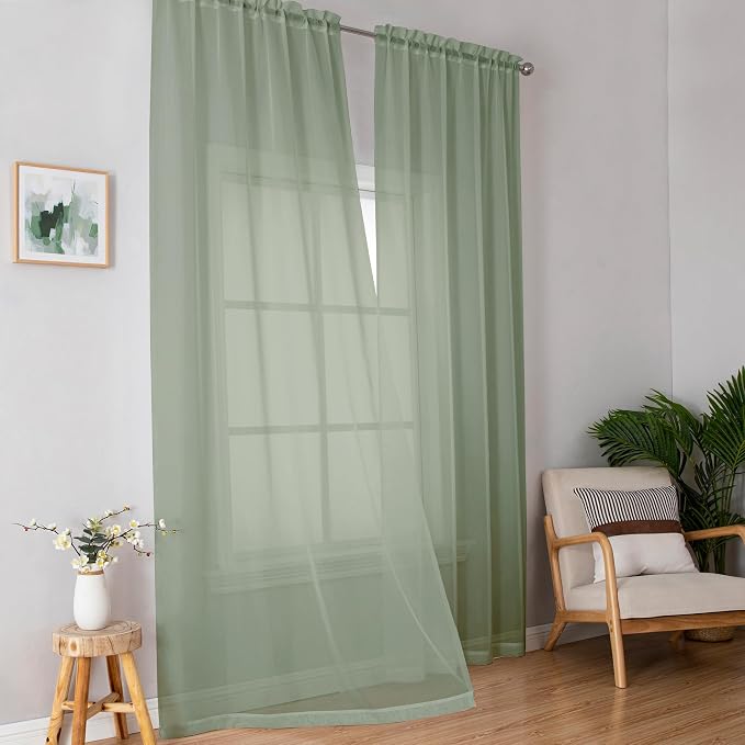 Simplebrand Sage Sheer Curtains 96 Inches Long, Light Filtering Rod Pocket by Simplebrand