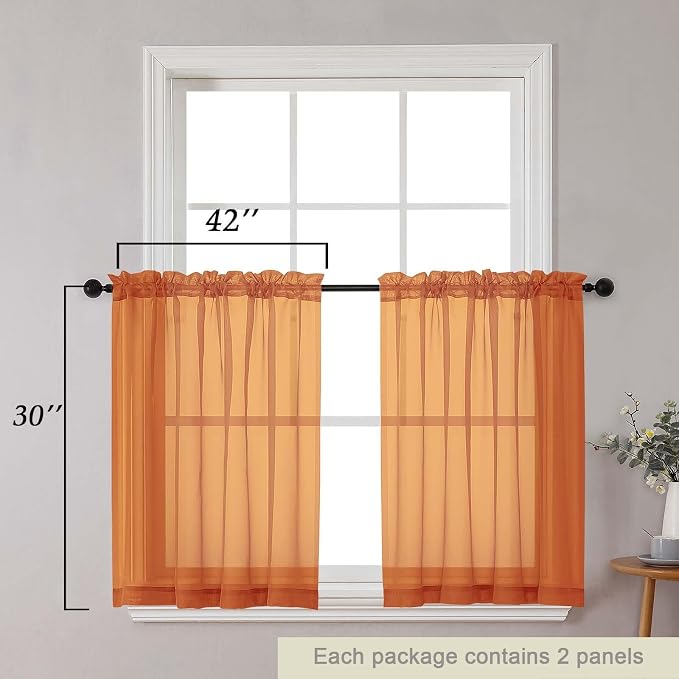 Orange Kitchen Curtains 30 Inch Length Tier 2 PCS, Solid Soft Airy Half Curtains - Image 2