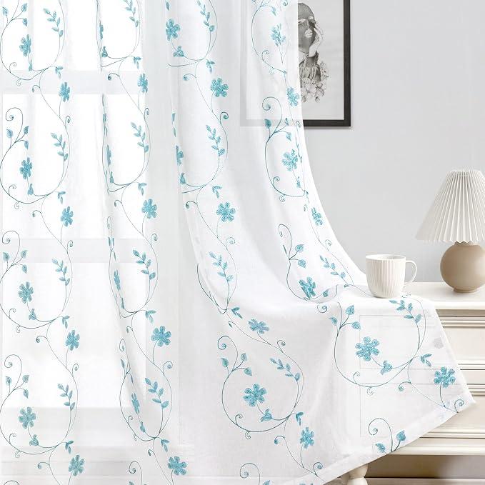HOMEIDEAS White and Blue Embroidered Floral Sheer Curtains 63 Inch Length 2 - Image 4