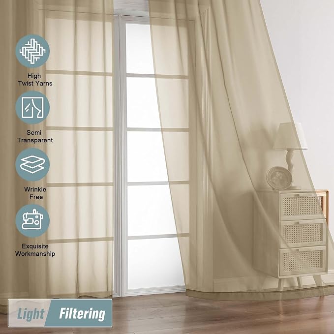 Taupe Sheer Curtains for Window 96 Inches Long 2 Panels Set, Soft Airy Light - Image 5