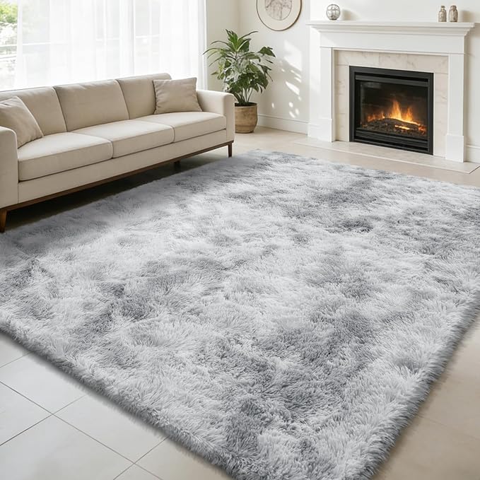 Shag Area Rug for Bedroom 5x8, Tie-Dyed Grey Fluffy Area Rugs for Living Room by yulidayang