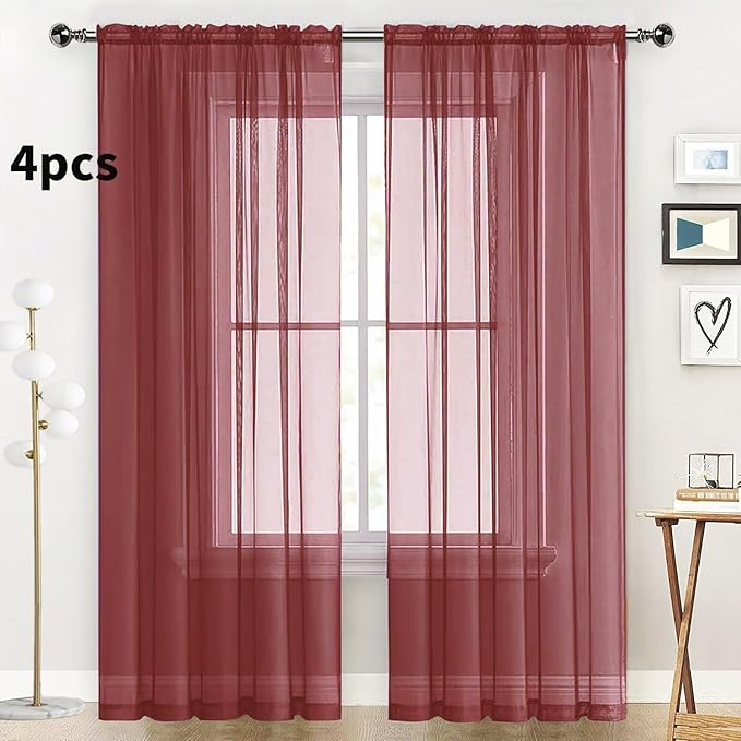 SpaceDresser Burgundy Sheer Curtains 4 Panels Rod Pocket Semi-Sheer Curtain 90 - Image 2