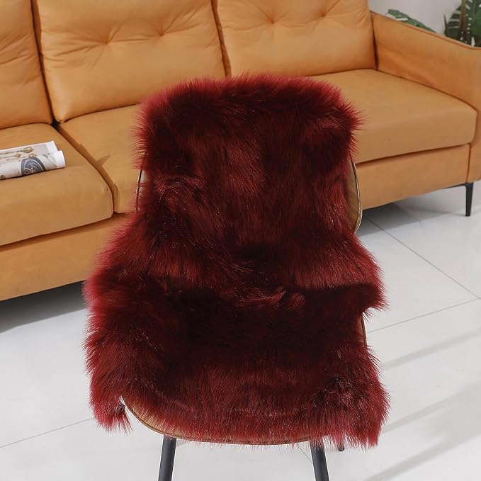 linmopm Faux Fur Rug Sheepskin Shag Fluffy Fuzzy Red 2x3 ft Small Rugs - Image 2