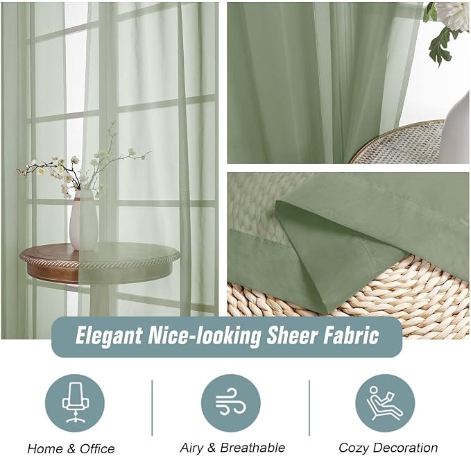 Sage Green Sheer Curtains 90 Inches Long 2 Panels, Light Filtering Solid Sheer - Image 4
