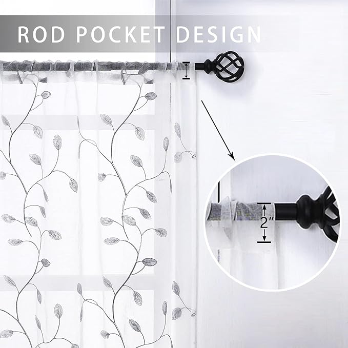 MRTREES Sheer Voile Curtain Valances 2 Panels, Leaves Embroidered Valance - Image 2