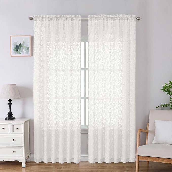 Lecloud Leia Ivory Sheer Curtains 90 Inches Long 2 Panels, Airy Voile Jacquard by Lecloud