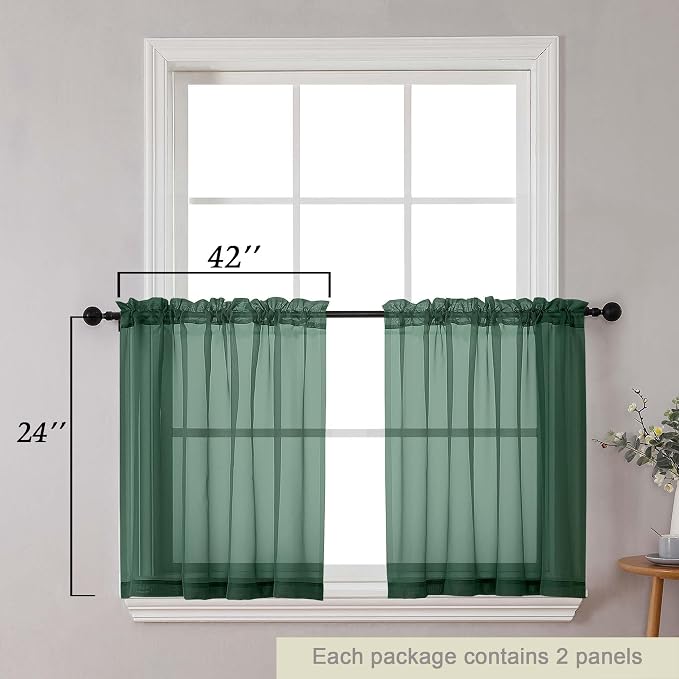 Kitchen Curtains 24 Inch Length Tier 2 Pieces, Hunter Green Sheer Curtain Solid - Image 2