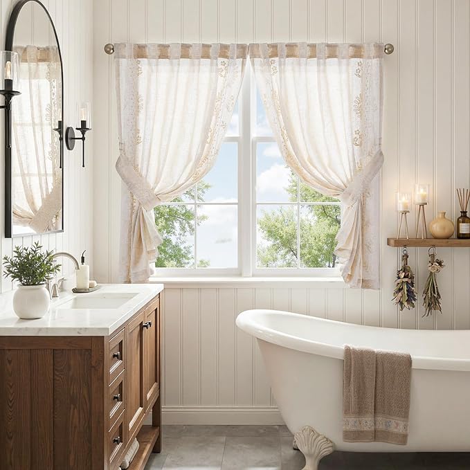 jinchan Belrose Linen Floral Cafe Curtains 45 Inch Length Embroidered Farmhouse - Image 9